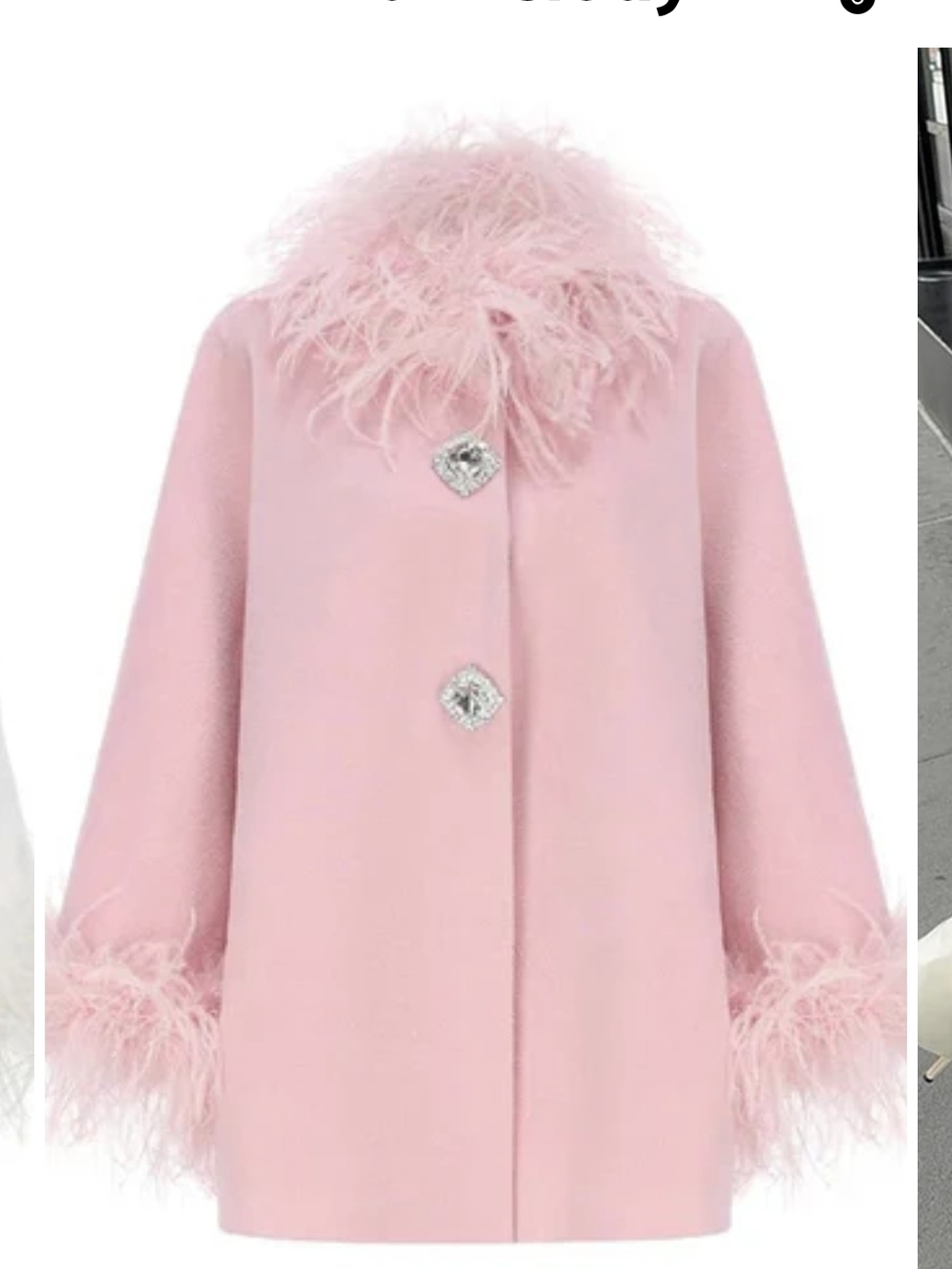 Pink Feather Accent Collar & Cuff Trim Cape Like Coat Jacket Bell Sleeve Luxury